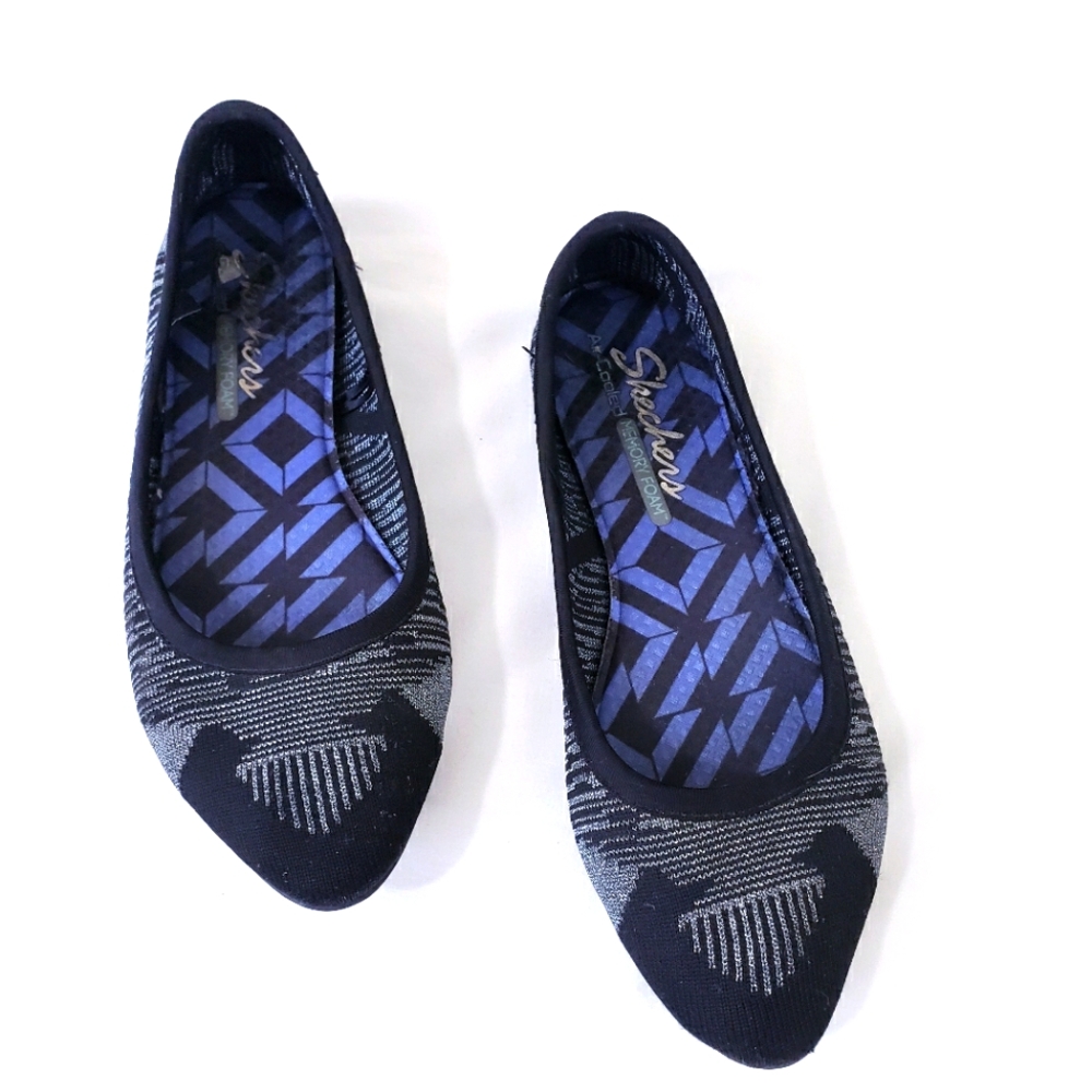 Skechers Cleo Razz Dazz Silver Black Stretchy Ballerina Flats Pattern Knit 7M 7